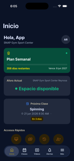 App SNAP Gym — pantalla de inicio